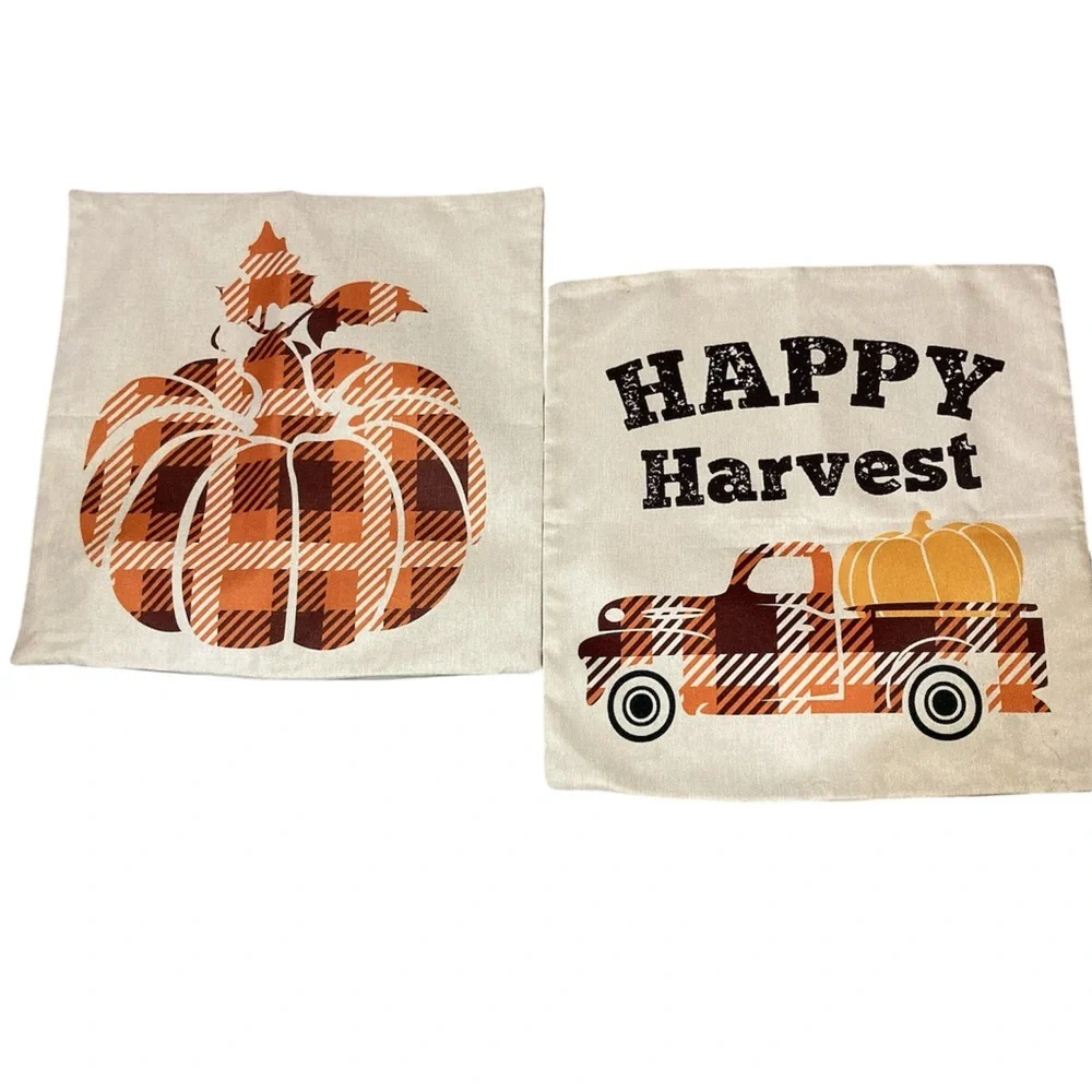 Fall Pillow Covers Happy Harvest Plaid Pumpkin 17” x 17” Farmhouse Lot of 2